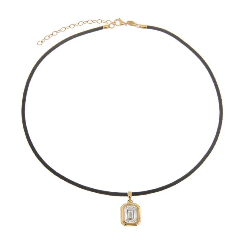 Lab Grown Diamond Emerald Bezel Leather Chain Necklace 14K sold by Adina Eden's