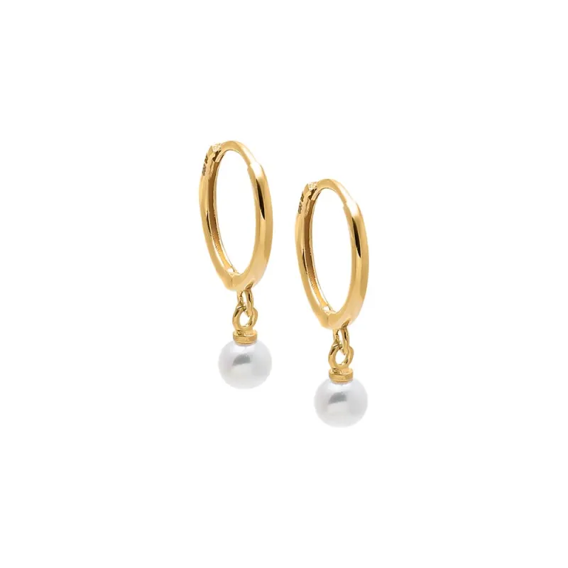 Dainty Pearl Drop Huggie Earring 14K sold by Adina Eden's