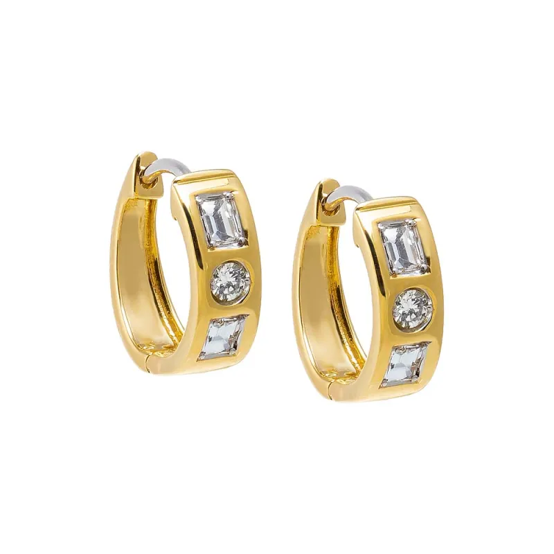 Diamond Solitaire X Emerald Wide Huggie Earring 14K sold by Adina Eden's