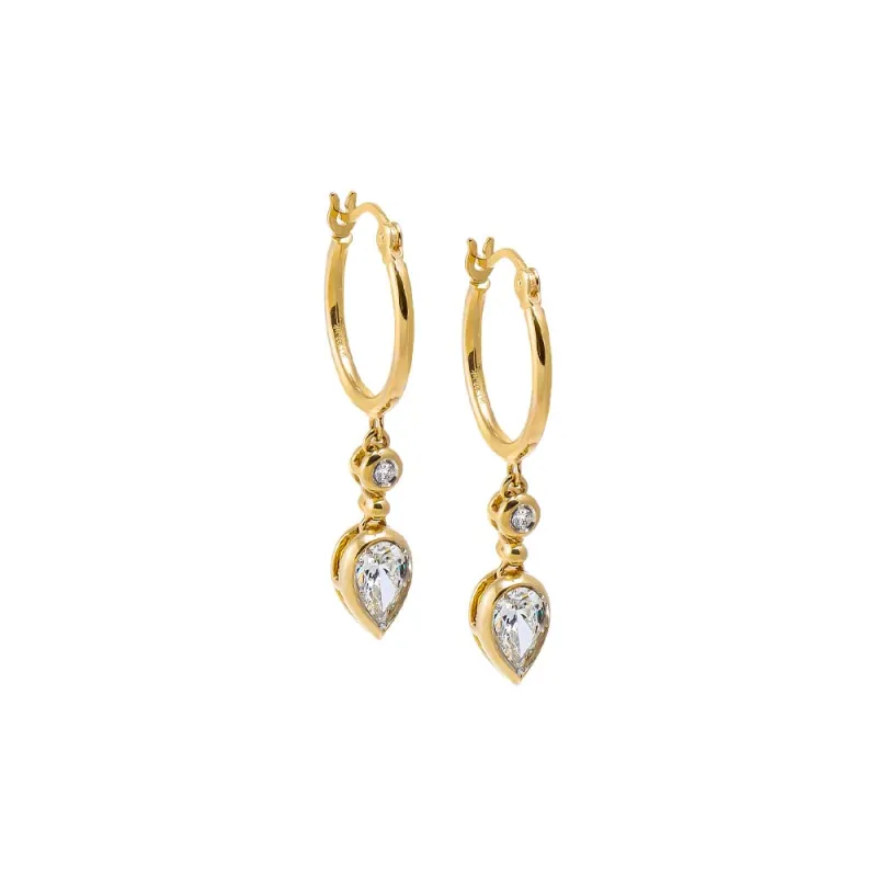 Diamond Solitaire X Pear Bezel Dangling Huggie Earring 14K sold by Adina Eden's