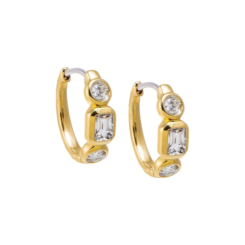 Diamond Round X Emerald Bezel Huggie Earring 14K sold by Adina Eden's