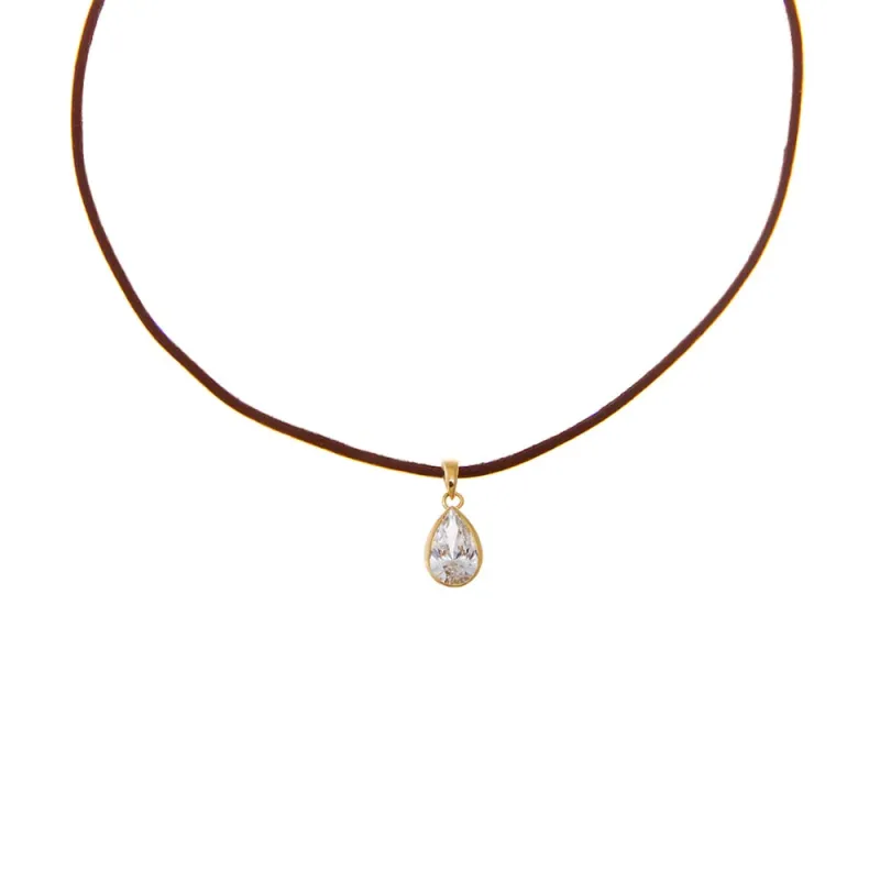 Lab Grown Diamond Pear Bezel Brown Leather Chain Necklace 14K sold by Adina Eden's