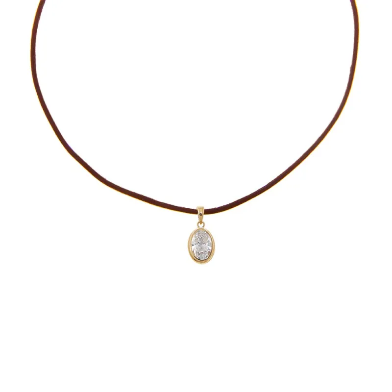 Lab Grown Diamond Oval Bezel Brown Leather Chain Necklace 14K sold by Adina Eden's
