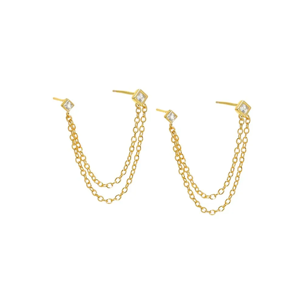 CZ Square Bezel Double Chain Drop Earring sold by Adina Eden's