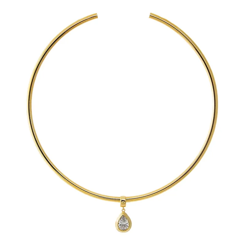 Colored CZ Pear Bezel / Solid Tube Open Collar Pendant Necklace sold by Adina Eden's