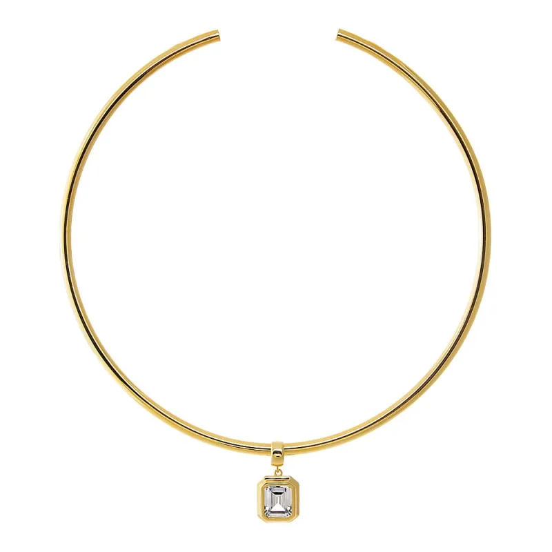 Colored CZ Emerald Bezel/ Solid Tube Open Collar Pendant Necklace sold by Adina Eden's