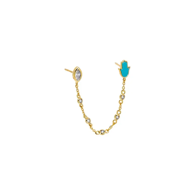 Turquoise Hamsa Bezel Chain Double Stud Earring sold by Adina Eden's