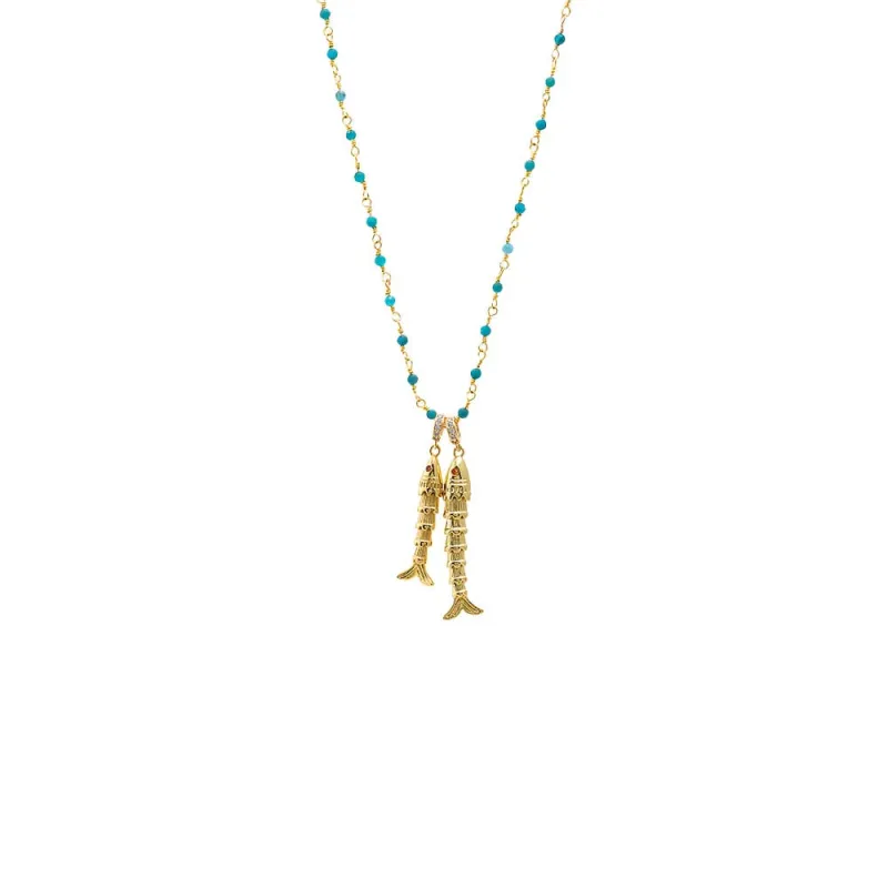 Turquoise Beaded Double Fish Necklace sold by Adina Eden's