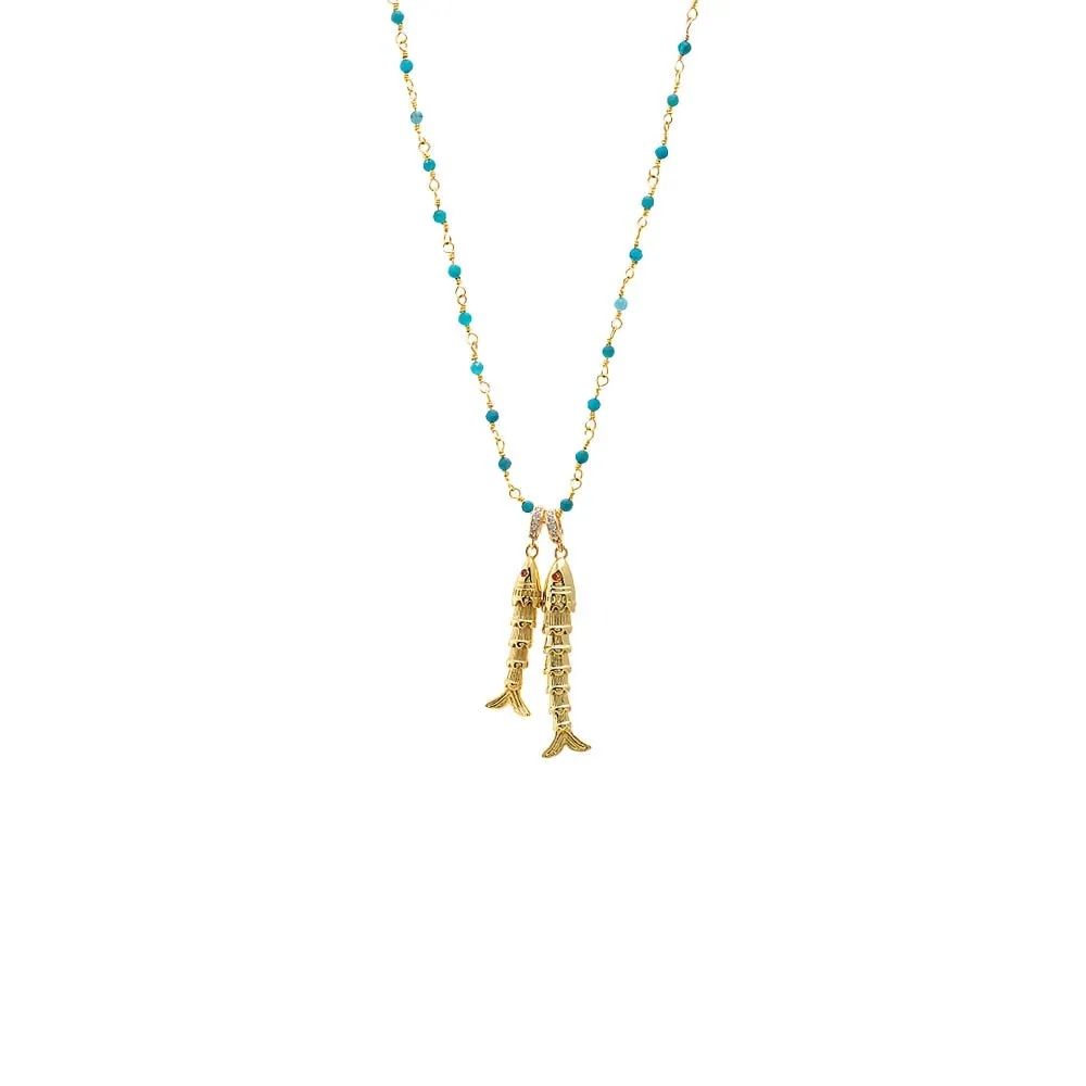 Turquoise Beaded Double Fish Necklace sold by Adina Eden's