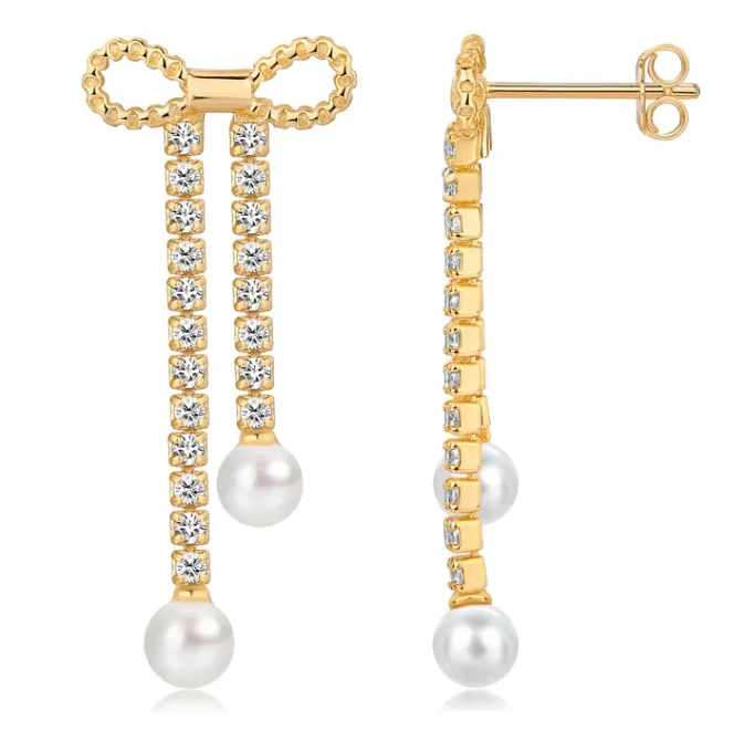 Pearl Bow Tennis Drop CZ Stud Earring sold by Adina Eden's