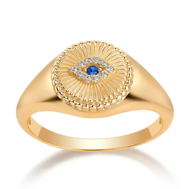 Sapphire Blue CZ Evil Eye Signet Pinky Ring sold by Adina Eden's