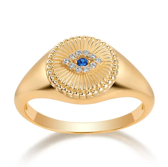 Sapphire Blue CZ Evil Eye Signet Pinky Ring sold by Adina Eden's