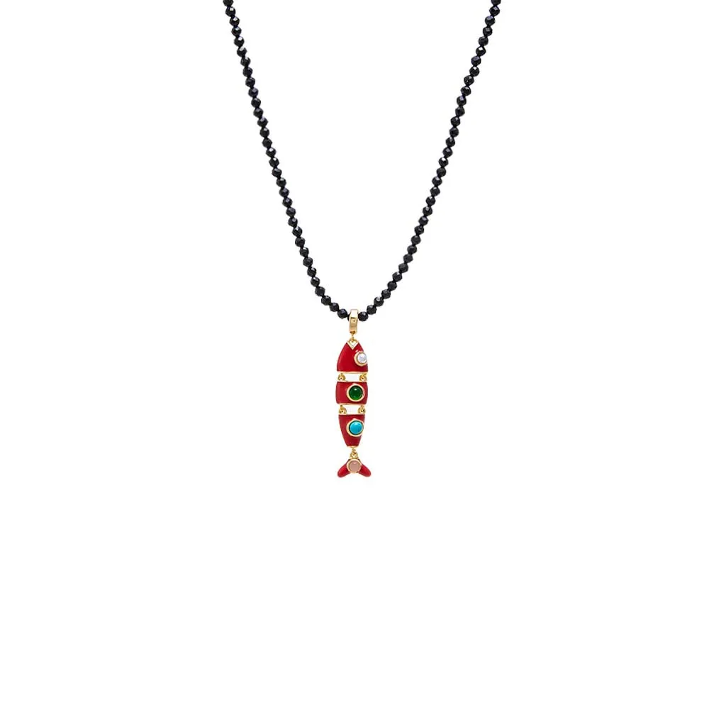 Red Enamel Fish Charm Beaded Necklace sold by Adina Eden's