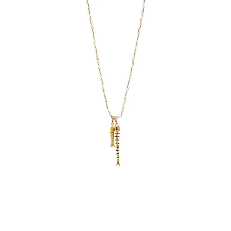 White Beaded Double Fish Necklace sold by Adina Eden's