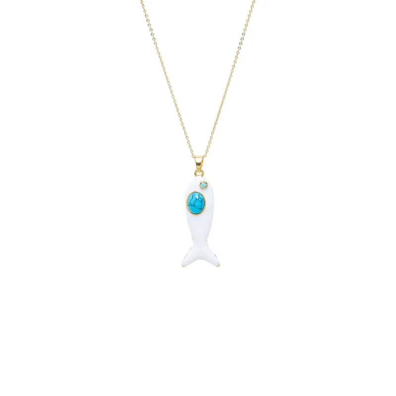 Enamel & Turquoise Fish Charm Necklace sold by Adina Eden's
