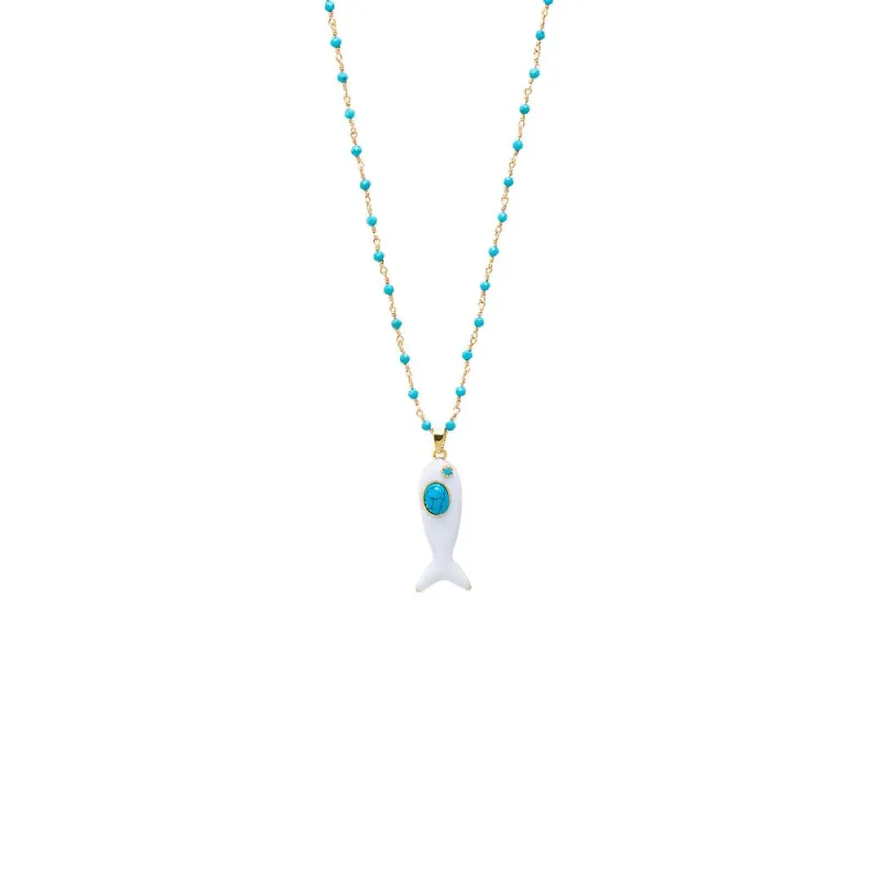 Enamel White /Turqoise Fish Charm Extra Long Necklace sold by Adina Eden's