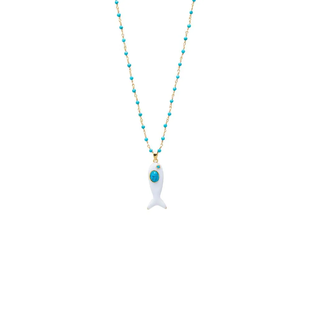 Enamel White /Turqoise Fish Charm Extra Long Necklace sold by Adina Eden's