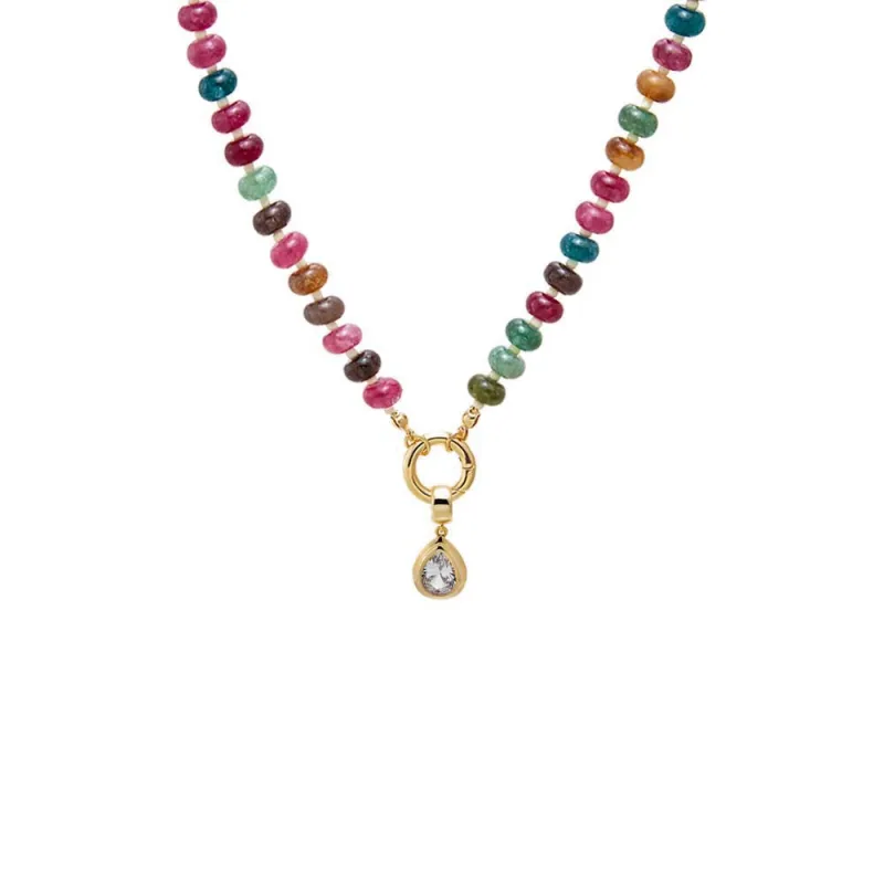 Colored Natural Stone Beaded /CZ Pear Bezel Charm Necklace made by Adina Eden's