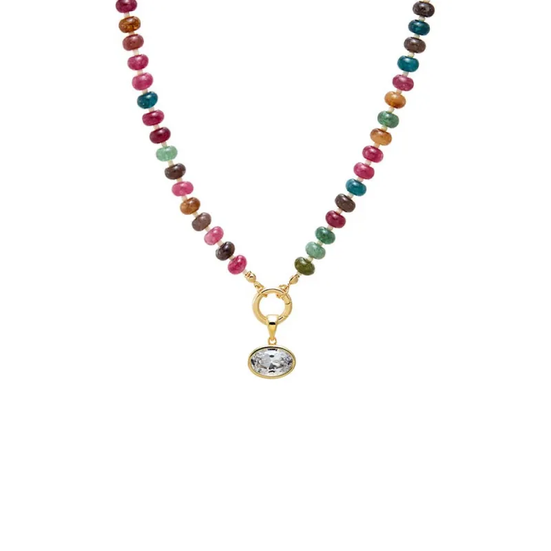 Colored Natural Stone Beaded /CZ Oval Charm Necklace sold by Adina Eden's