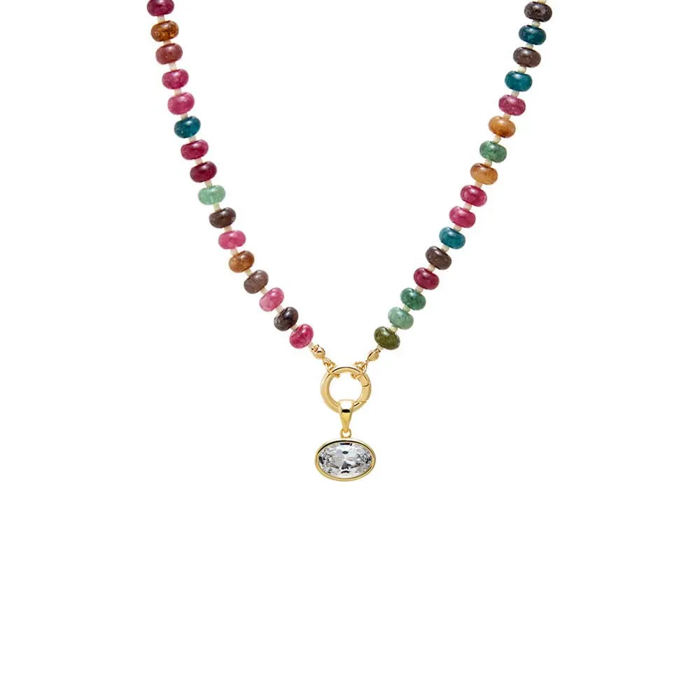 Colored Natural Stone Beaded /CZ Oval Charm Necklace sold by Adina Eden's