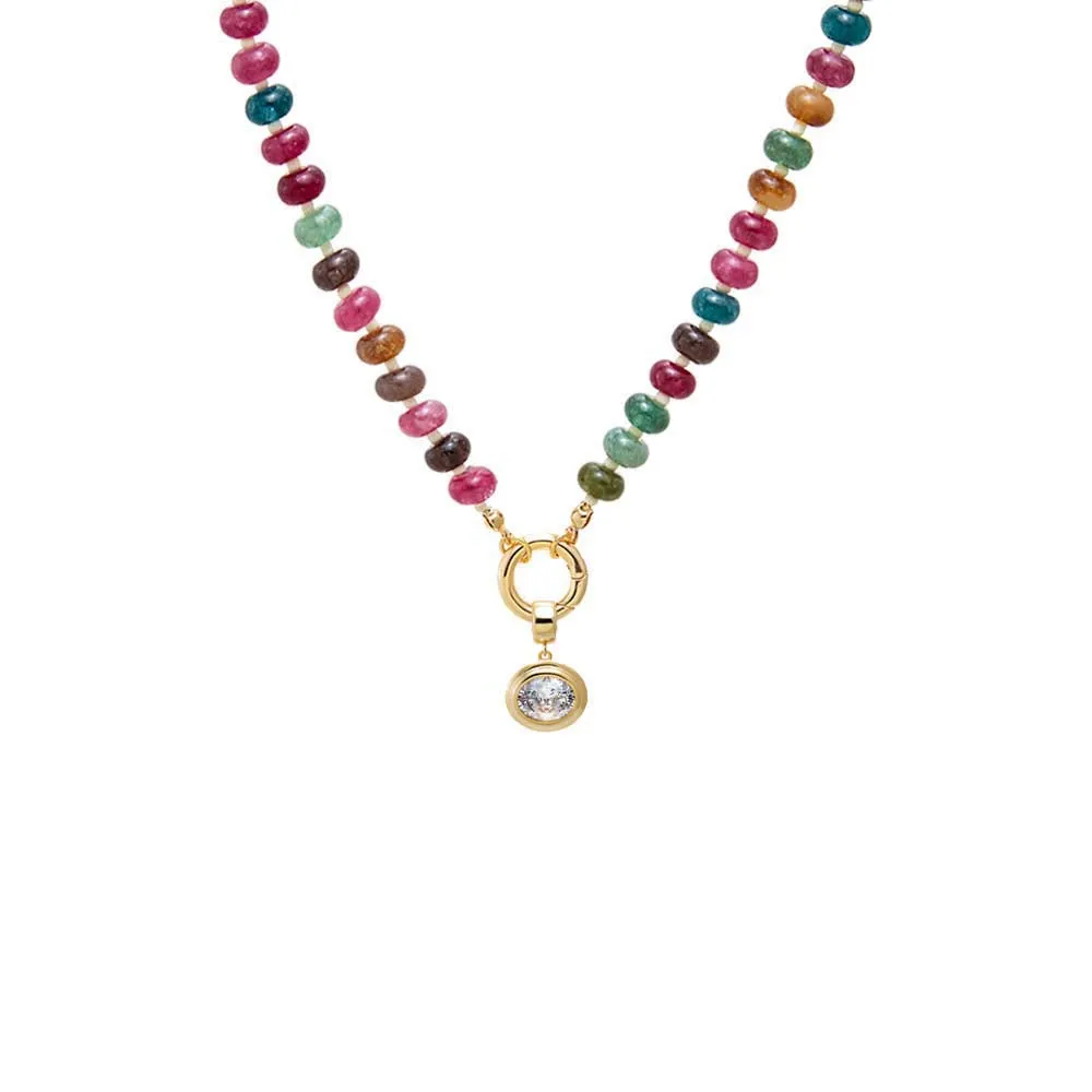 Colored Natural Stone Beaded /CZ Oval Bezel Charm Necklace sold by Adina Eden's