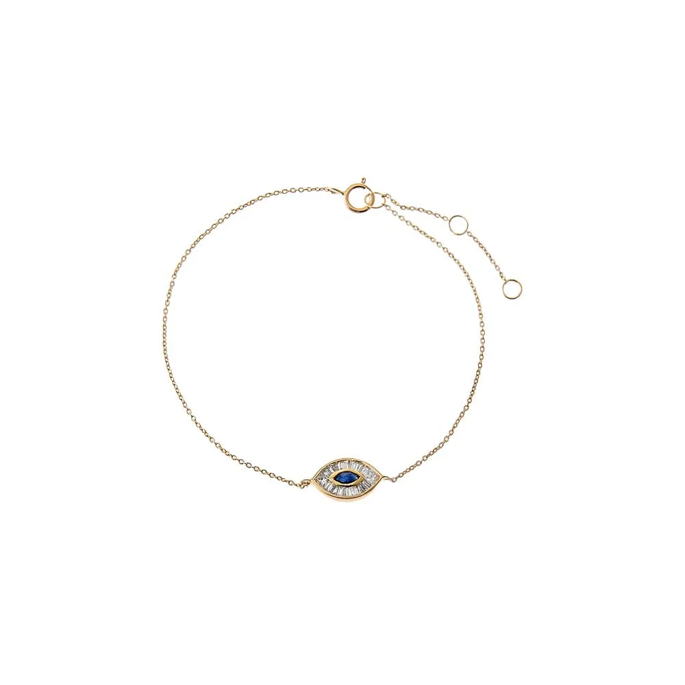 Diamond & Sapphire Blue Baguette Evil Eye Bracelet 14K sold by Adina Eden's
