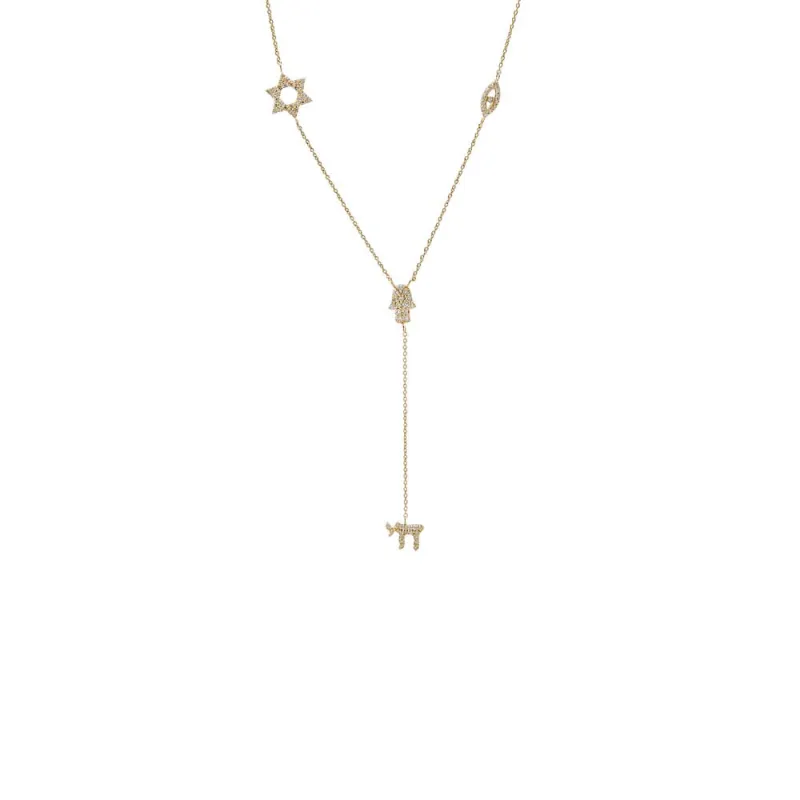 Diamond Pave Jewish Charms Drop Lariat 14K made by Adina Eden's