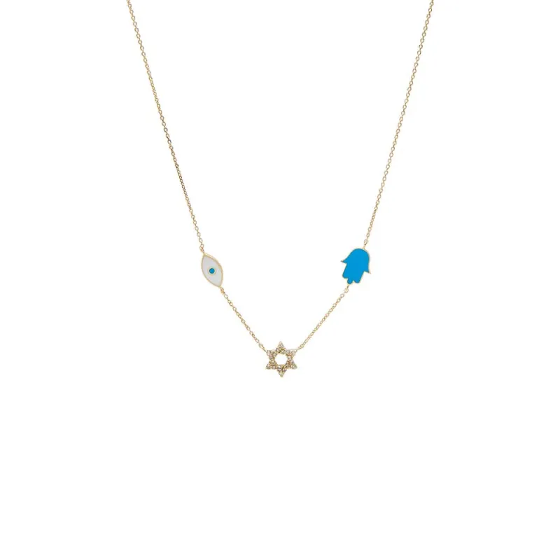 Diamond & Colored Enamel Jewish Charms Necklace 14K made by Adina Eden's