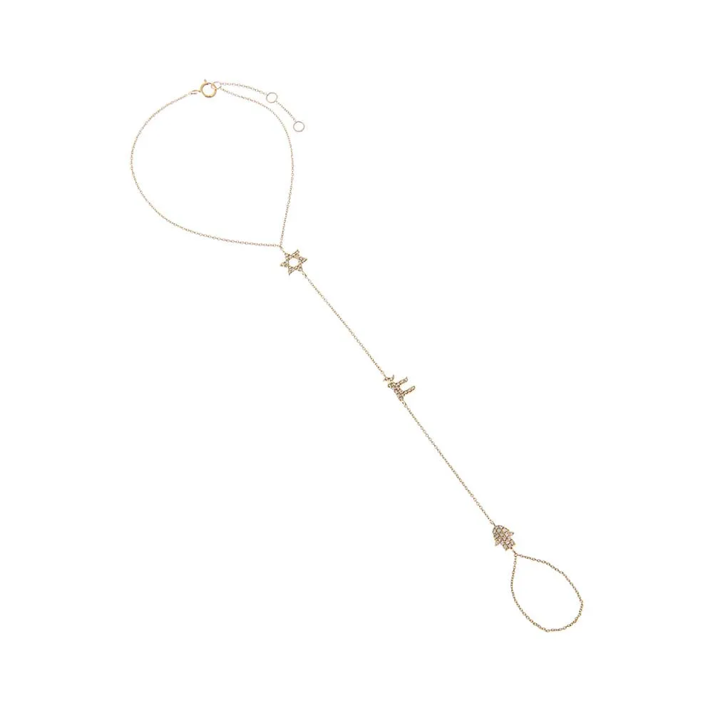 Diamond Pave Triple Jewish Charm Hand Chain 14K sold by Adina Eden's