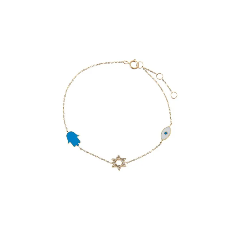 Diamond & Colored Enamel Jewish Charms Bracelet 14K made by Adina Eden's