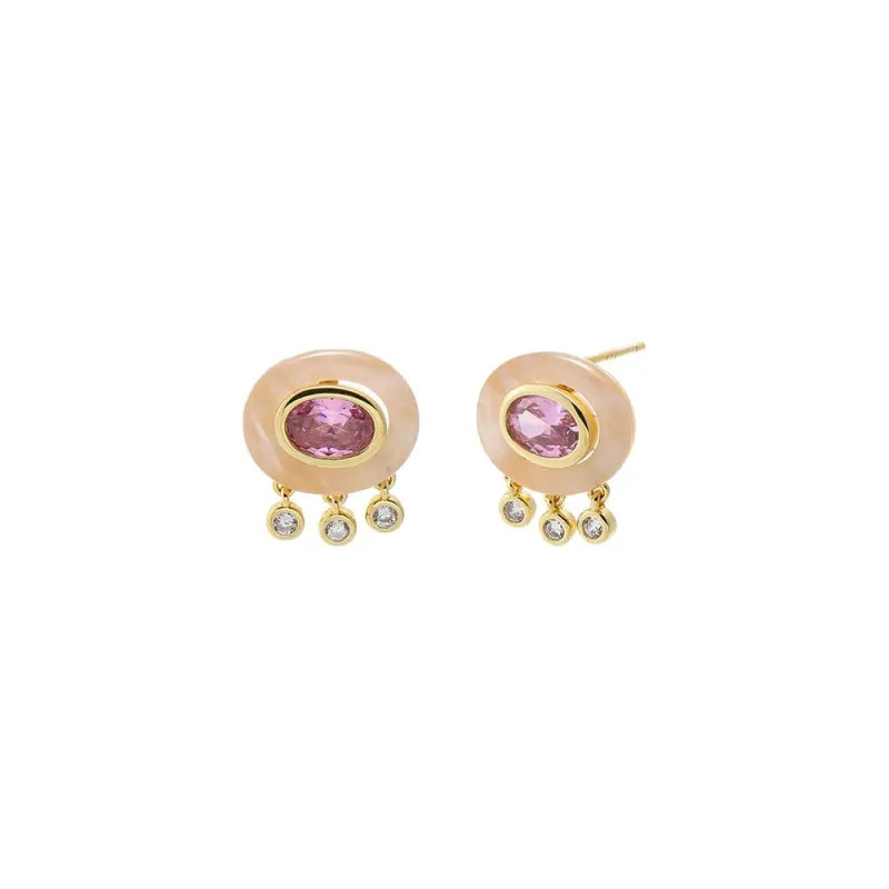 Oval Pink CZ Enamel Drop Stud Earring made by Adina Eden's