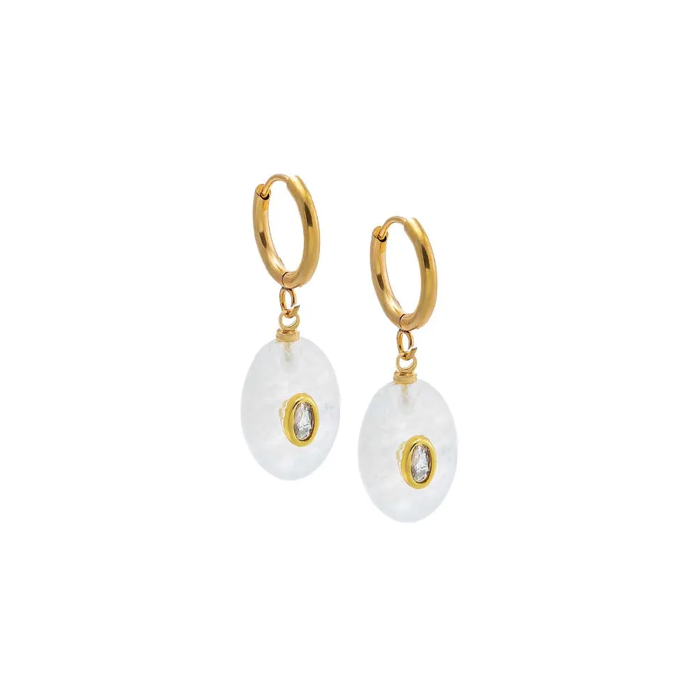 Oval Charm Bezel Natural Stone Drop huggie Earrings sold by Adina Eden's product image thumbnail 3
