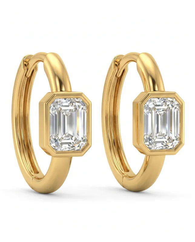 Lab Grown Diamond Emerald Bezel Embedded Huggie Earring 14K made by Adina Eden's