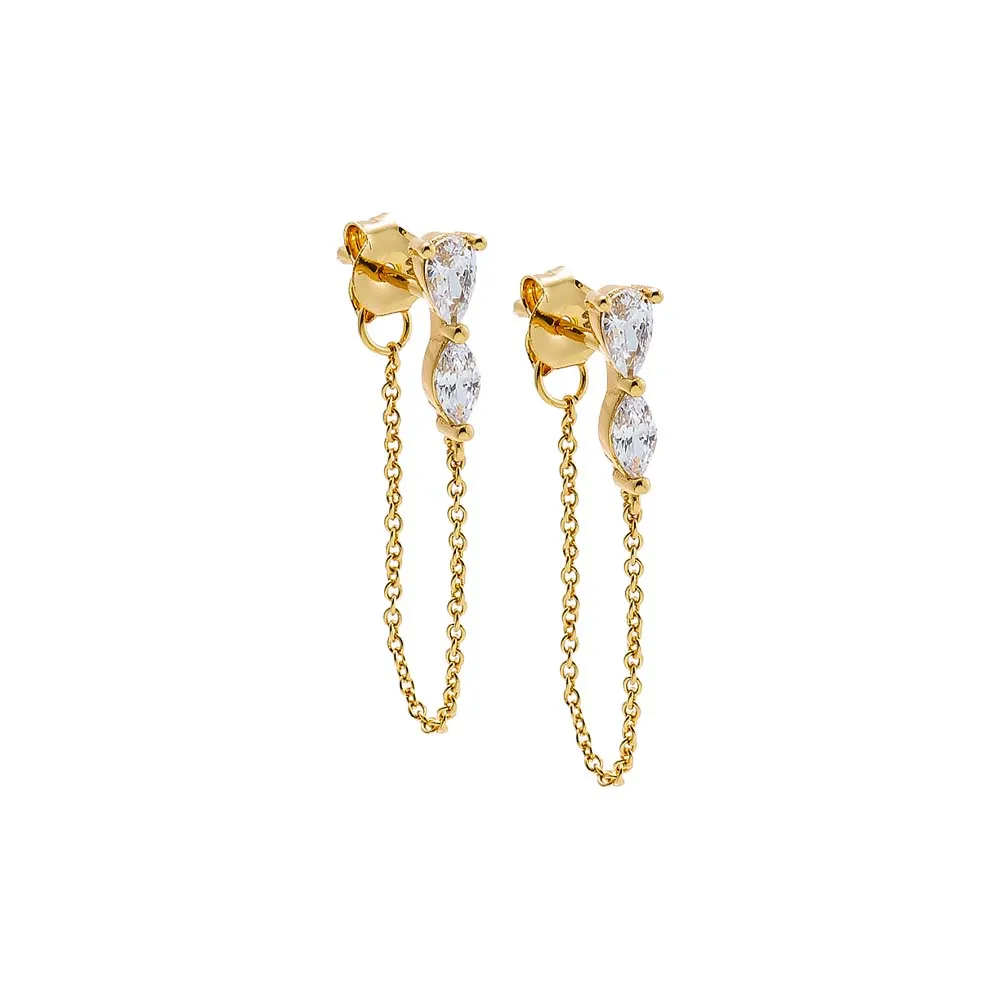 Double Pear CZ Chain Front Back Stud Earring sold by Adina Eden's