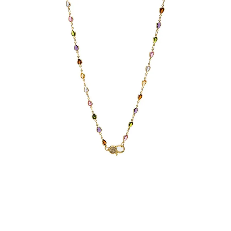 Colored CZ Pear Bezel Pave Clasp Chain Necklace made by Adina Eden's