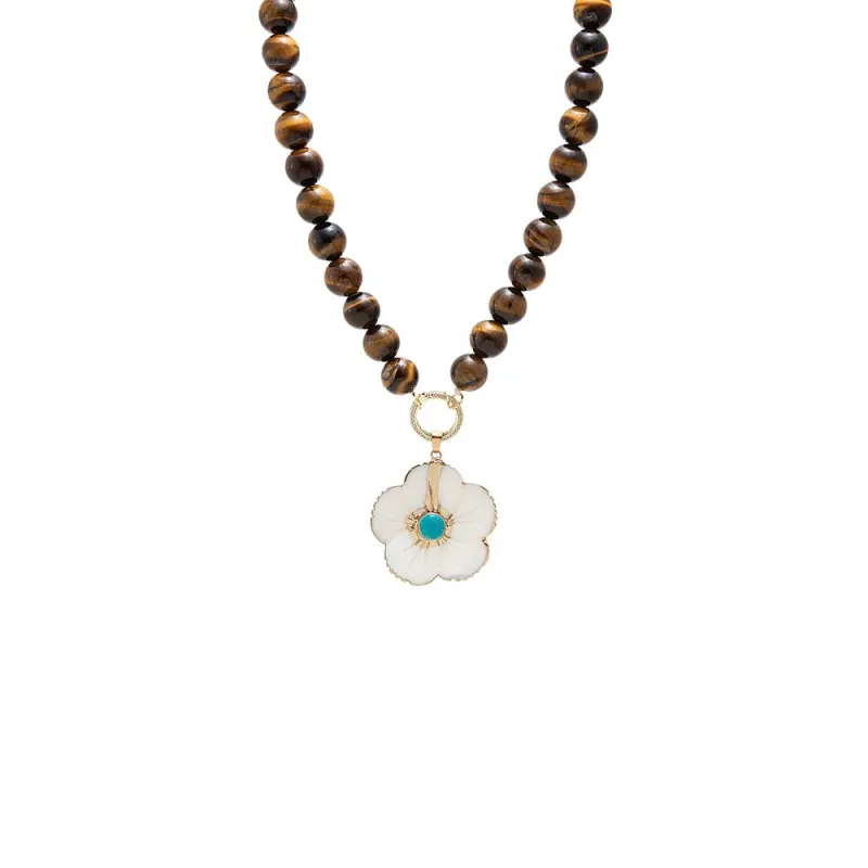 Turquoise White Shell Flower/ Tiger Eye Large Beaded Pendant Necklace made by Adina Eden's