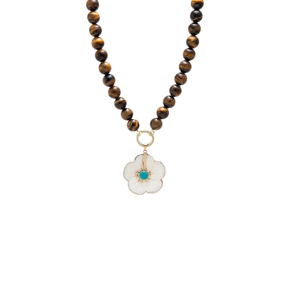 Turquoise White Shell Flower/ Tiger Eye Large Beaded Pendant Necklace sold by Adina Eden's