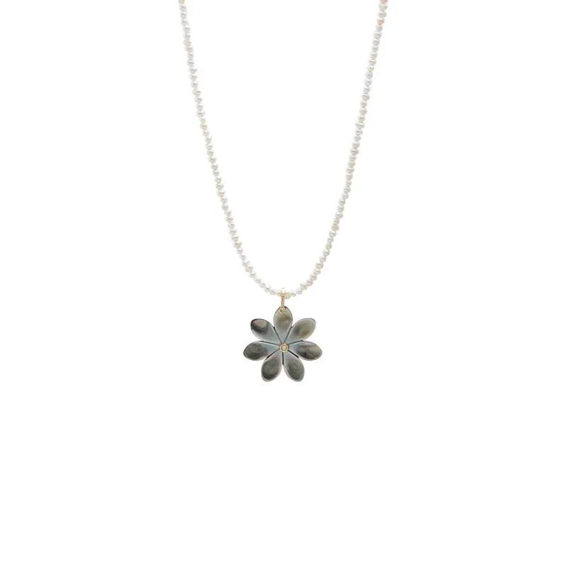 Onyx MOP Flower Fresh Water Pearl Pendant Necklace made by Adina Eden's