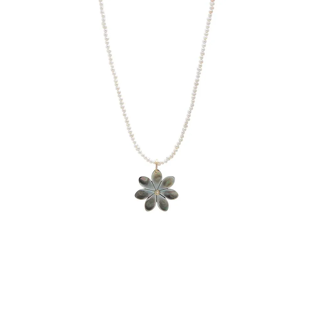 Onyx MOP Flower Fresh Water Pearl Pendant Necklace sold by Adina Eden's