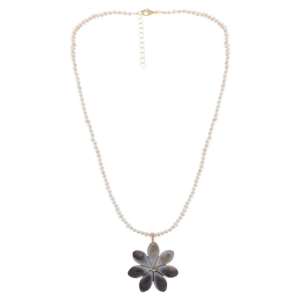 Onyx MOP Flower Fresh Water Pearl Pendant Necklace sold by Adina Eden's product image thumbnail 2