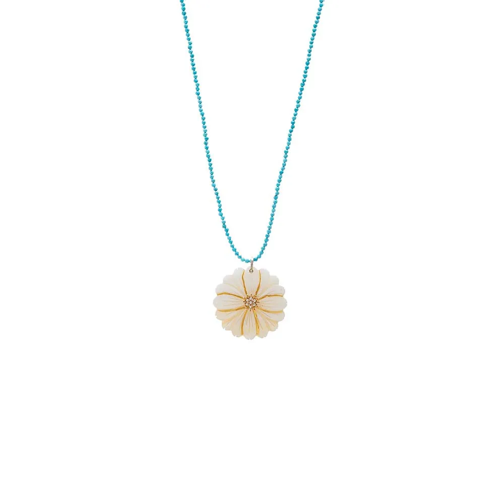Mother of Pearl Flower With Turquoise Bead Pendant Necklace sold by Adina Eden's