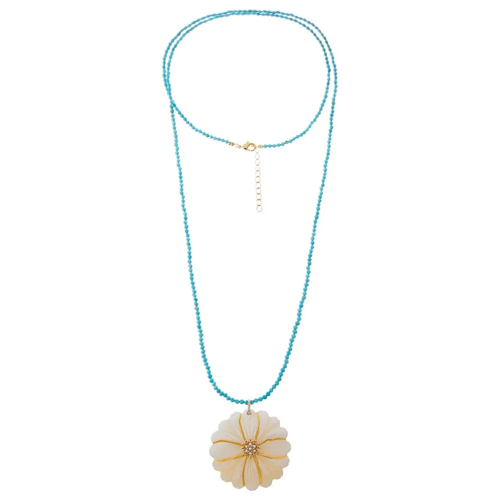 Mother of Pearl Flower With Turquoise Bead Pendant Necklace sold by Adina Eden's product image thumbnail 2