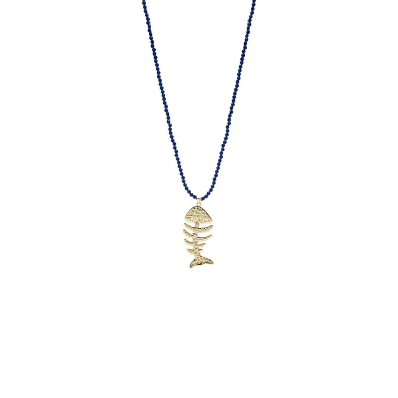 Gold Fish Bone / Navy Blue Beaded Pendant Necklace made by Adina Eden's
