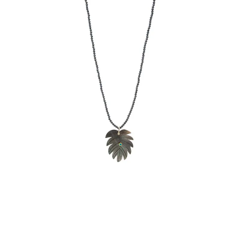 Carved MOP Leaf /Hematite Beaded Pendant Necklace made by Adina Eden's