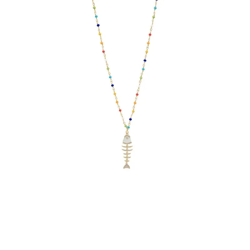 Pave/MOP Fishbone with Rainbow Extra Long Beaded Chain Necklace made by Adina Eden's