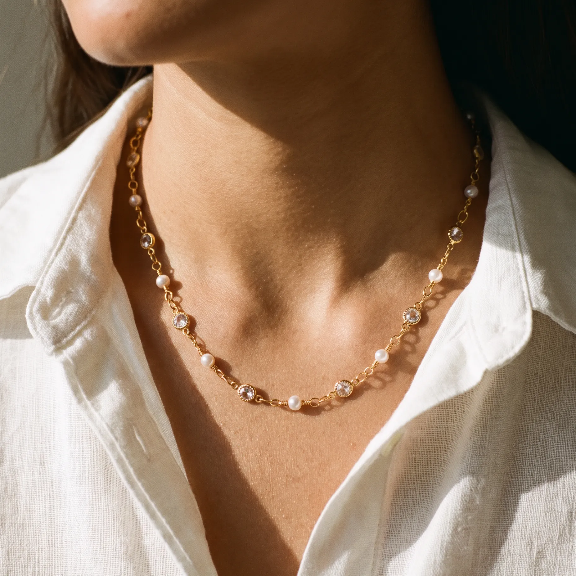 CZ Station Bezel Pearl Choker Necklace sold by Adina Eden's product image thumbnail 2