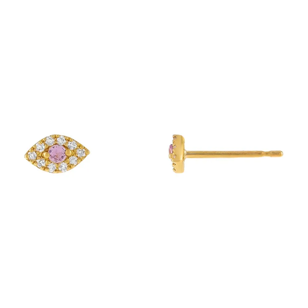 Pink Sapphire X Diamond Evil Eye Stud Earring 18K sold by Adina Eden's