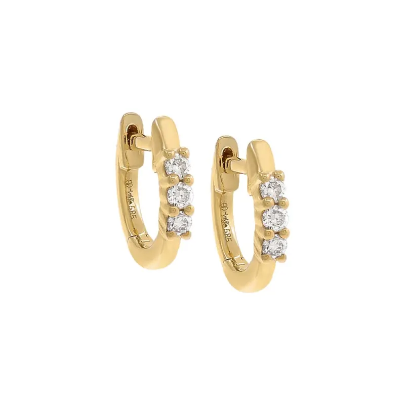 Three Stone Diamond Huggie Earring 14K sold by Adina Eden's