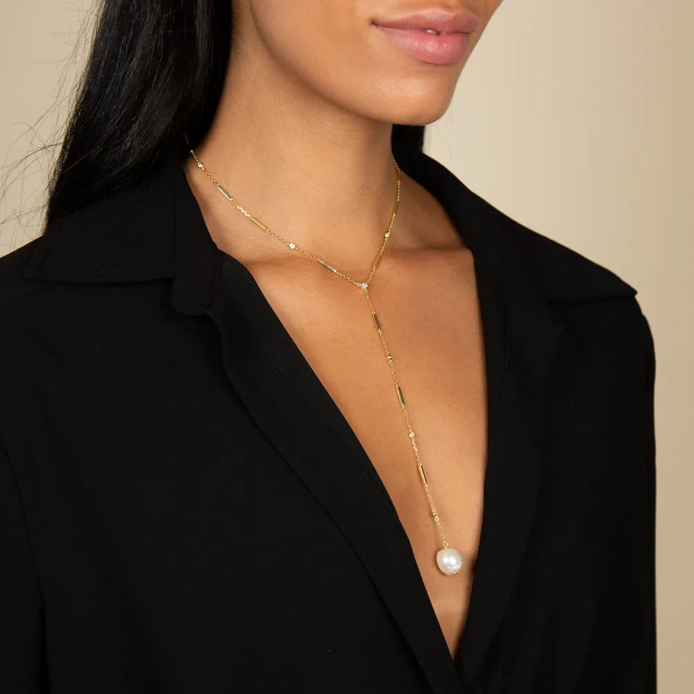Bezel X Bar Chain Pearl Lariat sold by Adina Eden's product image thumbnail 2