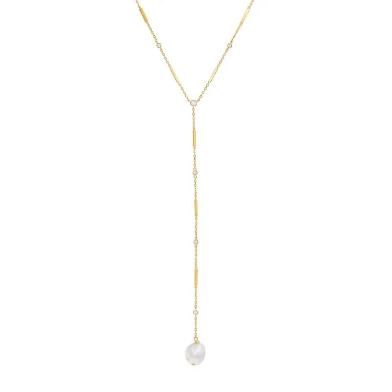 Bezel X Bar Chain Pearl Lariat sold by Adina Eden's